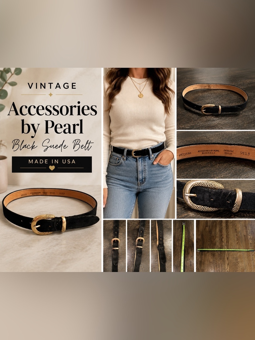 Vintage Accessories by Pearl Black Genuine Suede Belt Gold Buckle Medium